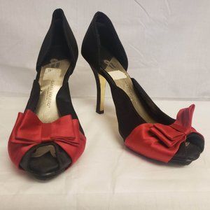 Black peep toe heel with red bow detail